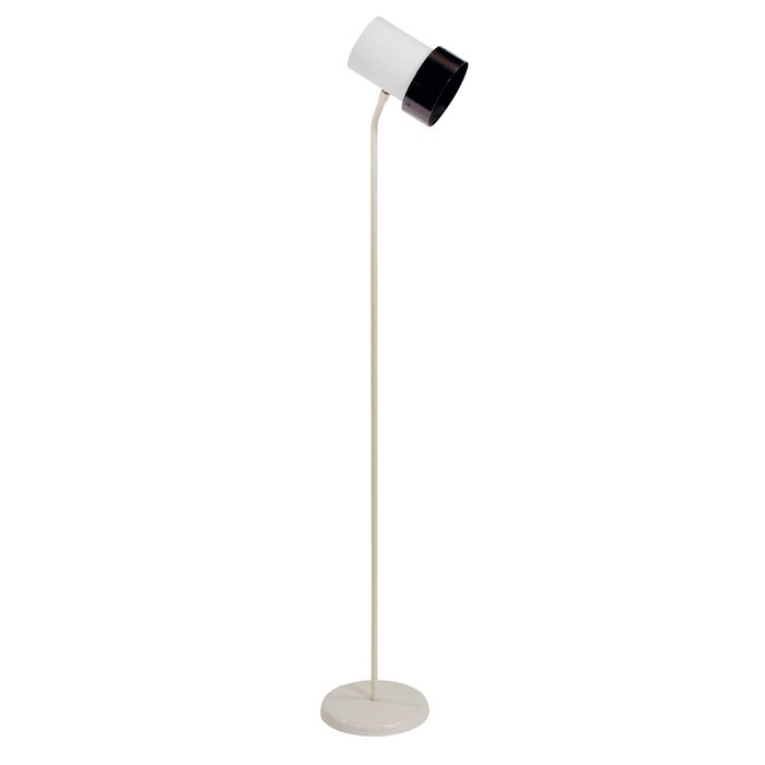 Lightolier floor lamp 1960s: Lightolier floor lamp, USA, 1960s, white enameled base and adjustable shade with black trim, original finish, 8"dia x 51"h, very good original condition