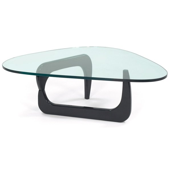 Noguchi style coffee table 1950s: Noguchi style coffee table, maker unknown, 1950s, two-piece ebonized base, ¾" glass top, unmarked, original finish, 50"w x 36"d x 16"h, four tiny chips, very good original condition