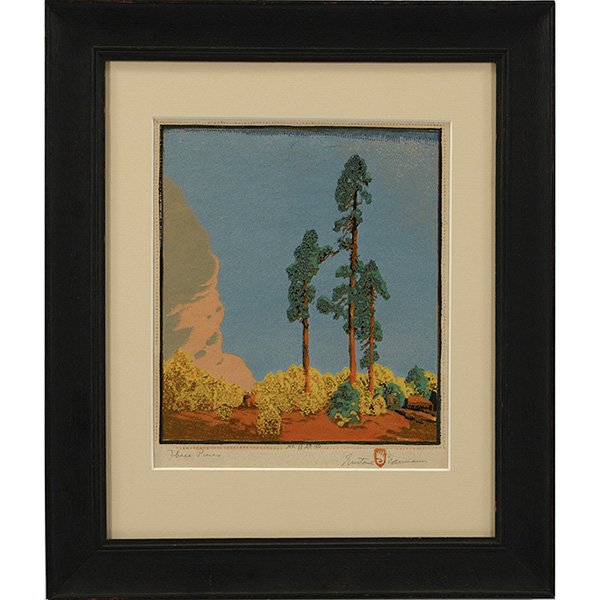 Gustave Baumann (American, 1881-1971) Three Pines,: Gustave Baumann (American, 1881-1971) "Three Pines," color woodcut, 9.5" x 11", titled lower left, signed lower right, edition 11/100, framed Provenance: The Estate of Stephen Gray