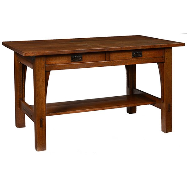 Gustav Stickley library table, 616: Gustav Stickley library table, #616, rectangular top over two drawers with original iron hardware, refinished, branded signature, some staining to top, 54"w x 32"d x 30"h, good condition