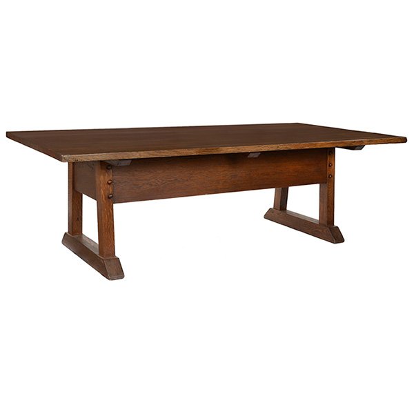 Gustav Stickley director's table, 631: Gustav Stickley director's table, #631, large rectangular top over a shoe-foot base with a wide apron and pulled peg construction, refinished, top re-glued, signed with paper label, 94"w x 46"d x 29.5