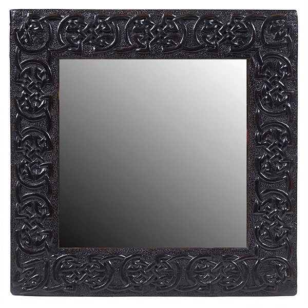 English Arts & Crafts mirror, Celtic knot: English Arts & Crafts mirror, square frame in ebonized wood, carved repeating Celtic knot decoration, original finish, very good condition, 15"sq