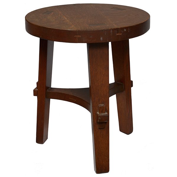 Stickley Brothers tabouret, 314 ½: Stickley Brothers tabouret, #314 ½, thick circular top with thru-leg construction, supported by three legs with key and tenon construction, refinished, unsigned, numbered, 15"dia x 18"h, very good co