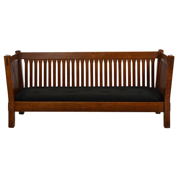 Stickley Brothers settle, 3865: Rare Stickley Brothers settle, #3865, desirable even-arm form with canted sides and carved slats, fine original finish, unsigned, numbered, 84"w x 30"d x 36"h, excellent condition