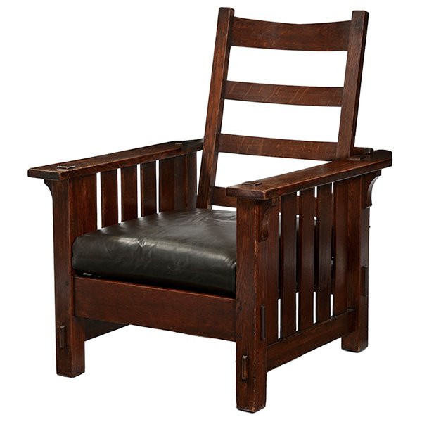 L & JG Stickley Morris chair, 497: L & JG Stickley Morris chair, #497, adjustable back with five vertical slats at sides and thru-tenon construction, replaced leather cushions, recoated original finish, unsigned 32"w x 36.5"d x 41"h, v