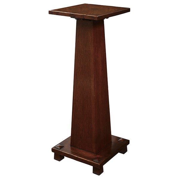 Stickley Brothers pedestal, 133: Stickley Brothers pedestal, #133, square top over a tapered standard, square base raised on four thru-tenon feet, original finish, signed, 13"sq x 34"h, very good condition