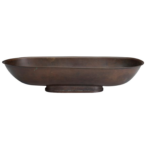 Dirk van Erp bowl: Dirk van Erp bowl, unusual shape in hammered copper, patina is recent, closed box mark, 16"l x 3.5"h