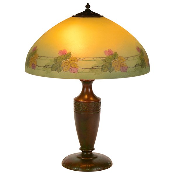 Handel table lamp, 695BD: Handel table lamp, bronzed metal base with an original patina, reverse painted shade in 'chipped ice' glass, colorful foliate design, fitter rim and base signed, shade signed Handel 695BD, 18"w x 23.5