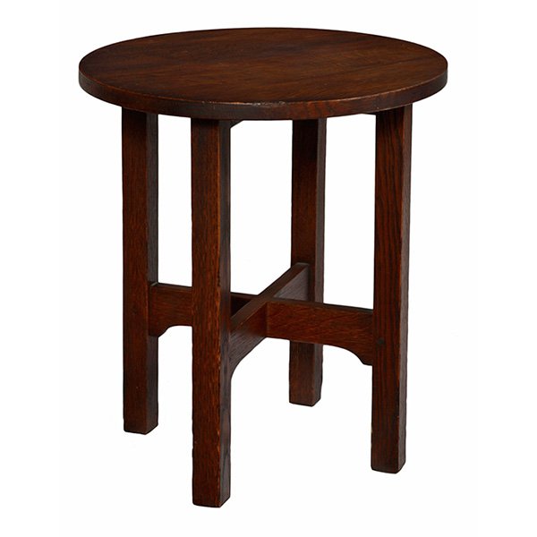 Gustav Stickley tabouret, 601: Gustav Stickley tabouret, #601, circular top over a notched cross-stretcher base, original finish, signed with faint red decal, 16"w x 18"h, very good condition