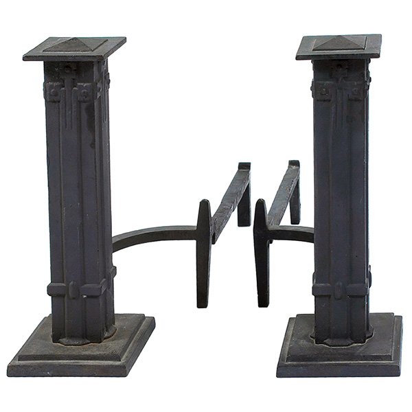 Prairie School andirons: Good Prairie School andirons, pair, stylized floral decoration with rivets, 10"w x 28"d x 20"h, very good condition