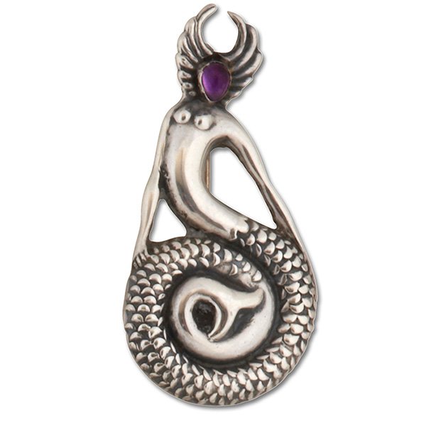 Hubert Harmon brooch: Hubert Harmon brooch, shaped as a mermaid with an amethyst cabochon face, marked, 2.25"l