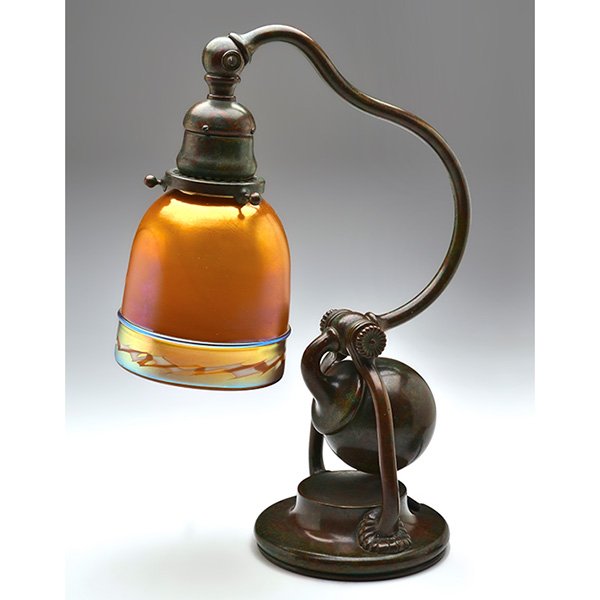 Tiffany Studios desk lamp, bronze counter balance base,: Tiffany Studios desk lamp, bronze counter balance base with a fine original patina, holding a Steuben shade with an Intarsia pattern, base signed Tiffany Studios, New York, #416, shade unsigned, overa