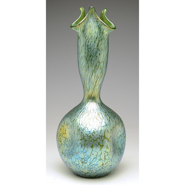 Loetz Papillon vase: Good Loetz Papillon vase, nice large shape with trefoil top and indented sides in green glass, unsigned, 6"w x 14.5"h