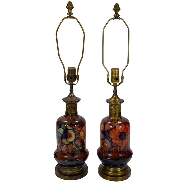 Moorcroft table lamp bases, poppy design: Moorcroft table lamp bases, pair, (one shown), poppy design, each: 6"w x 17"h
