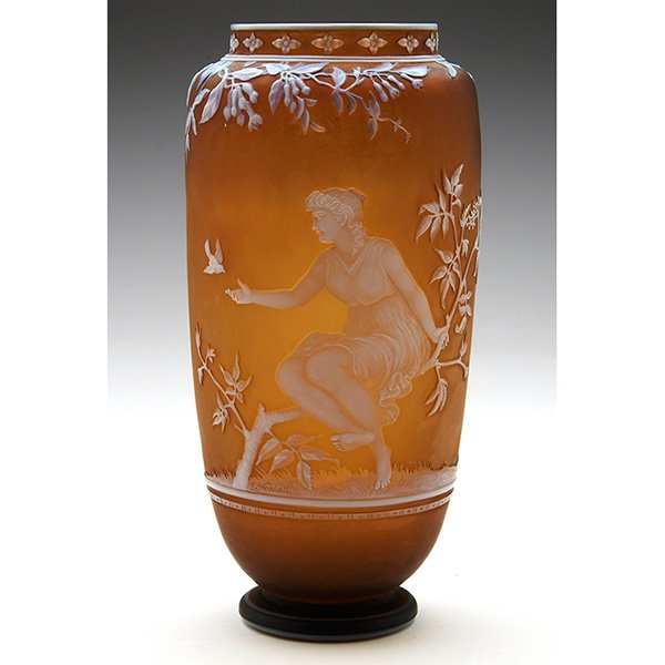 Thomas Webb & Sons vase, signed by G. Woodall: Important Thomas Webb & Sons vase, three color example, dark brown glass featuring a white cameo decoration with blue highlights, marked, beautifully executed and signed by G. Woodall, 4"w x 8"h