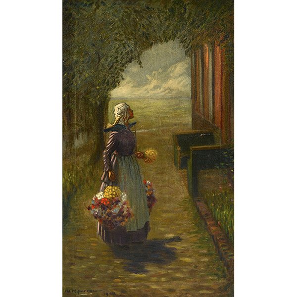 William McKnight Farrow (American, 1885-1967) Young: William McKnight Farrow (American, 1885-1967) "Young Woman with Flowers," c. 1948; oil/canvas, 29"x 16", signed and dated.