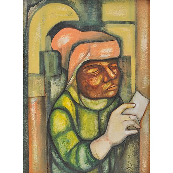Charles Sebree (American, 1914-1985) The Note: Charles Sebree (American, 1914-1985) "The Note", c. 1951; tempera/board, 15" x 11.5", signed, titled. Exhibited: Art Institute of Chicago, (label verso); Sixtieth Annual American Exhibition, Paintings