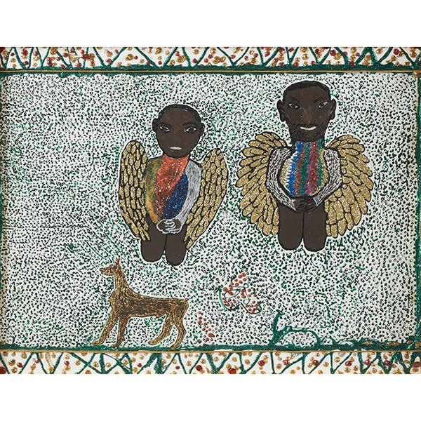 O. L. Samuels (American, b. 1931) Adam and Eve: O. L. Samuels (American, b. 1931) "Adam and Eve", c. 1997; watercolor, string, glue, and glitter/paper, 14.5" x 18", signed and titled.