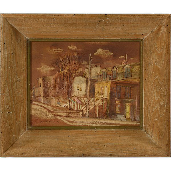 Aaron Bohrod (American, 1907-1992) Clothes Line,: Aaron Bohrod (American, 1907-1992) "Clothes Line," mixed media on board, 11" x 14", signed lower left, titled on verso, framed