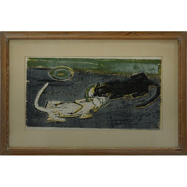 Max Kahn (American, 1902-2005) Black Cat White Cat,: Max Kahn (American, 1902-2005) "Black Cat White Cat," 1947, color woodcut, 16.5" x 32", signed and titled in pencil in the margin, trial proof, framed