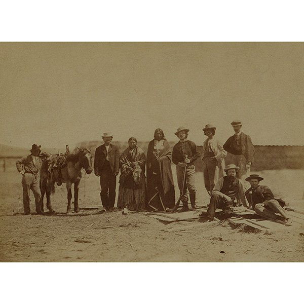Alexander Gardner (American, 1821-1882) Sioux Indians: Alexander Gardner (American, 1821-1882) "Sioux Indians at Fort Laramie, Scenes in the Indian Country," c. 1868, albumen print mounted, 9.25" x 12.75", framed Provenance: Andrew Smith Gallery, Inc., Sa