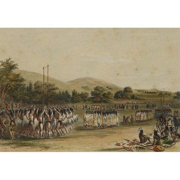 George Catlin (American, 1796-1882) Ball-Play Dance,: George Catlin (American, 1796-1882) "Ball-Play Dance," 1844, hand colored lithograph, 12.25" x 17.75", framed. Property from the Estate of Robert E. Beck, Murphysboro, Illinois
