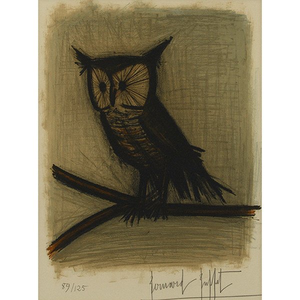 Bernard Buffet (French, 1928-1999) Owl,: Bernard Buffet (French, 1928-1999) "Owl," color lithograph, 14.5" x 11", signed in pencil lower right, numbered in pencil lower left, edition of 125, framed. Property from the Estate of Robert E. Beck