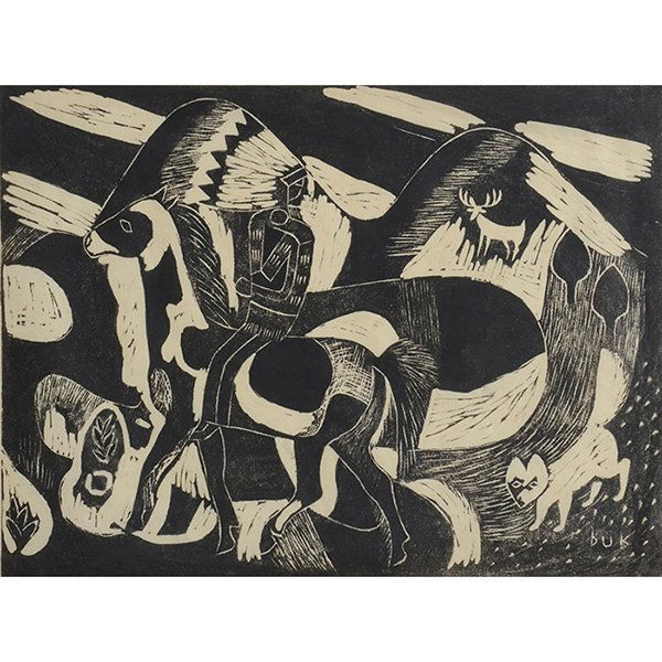 Eduard Buk Ulreich (American, 1889-1966) Indian Rider,: Eduard Buk Ulreich (American, 1889-1966) "Indian Rider," woodcut, 9.5" x 12.75", signed in the plate, framed. Property from the Estate of Robert E. Beck, Murphysboro, Illinois