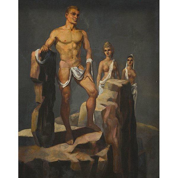John B. Lear, Jr. (American, 1910-2008) Nudes on Rocks,: John B. Lear, Jr. (American, 1910-2008) "Nudes on Rocks," oil on artist board, 19.75" x 15.25", signed lower right, framed. Property from the Estate of Robert E. Beck, Murphysboro, Illinois
