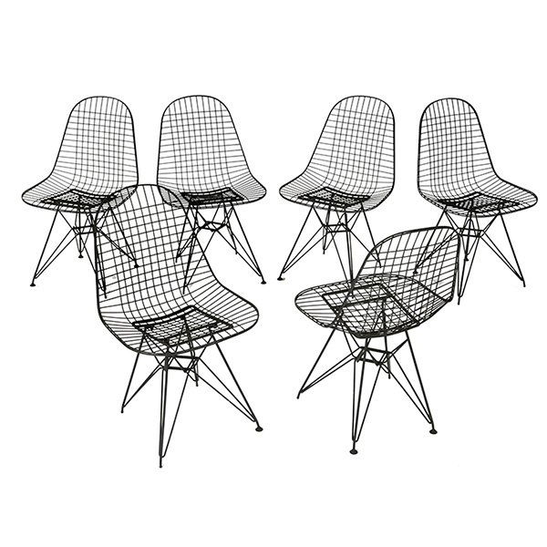 Charles & Ray Eames DKR chairs, Herman Miller: Charles & Ray Eames DKR chairs, six, by Herman Miller, 1950s, black wire seats over black rod Eiffel Tower bases, original finish, 19.5"w x 21"d x 32"h, original feet missing, excellent original condi
