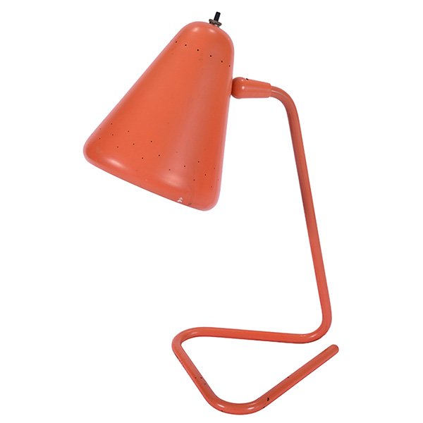 Kurt Versen table lamp: Kurt Versen table lamp, adjustable enameled aluminum shade with perforations, bent metal base, original orange finish, 12"w x 8"d x 16"h, very good condition