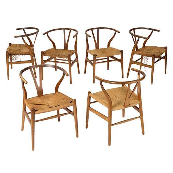 Hans Wegner Wishbone chairs: Hans Wegner Wishbone chairs, six, by Carl Hansen, Denmark, oak frames, paper cord seats, original finish, four signed with Carl Hansen brand, 21.5"w x 18"d x 28.5"h, break to one wood frame, restorati