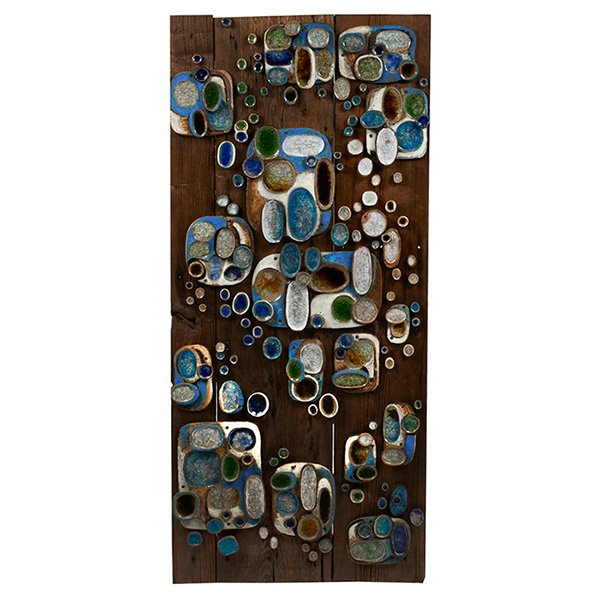 Jane Dart sculpture: Large Jane Dart (1913-2008) sculpture, 1964, glazed ceramic tiles with heavy crackle glaze mounted on natural barn wood, signed with faded 1964 exhibition label, 32.5"w x 3"d x 72"h, excellent origina