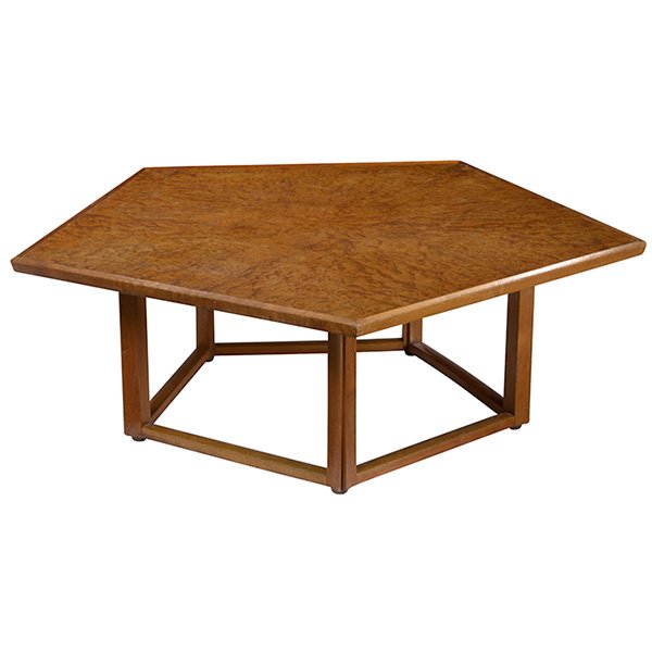 Edward Wormley coffee table, Dunbar: Edward Wormley coffee table, by Dunbar, five-sided top of burled wood with mahogany trim, original finish, signed with rectangular brass tag label, 50.5"w x 48"d x 17.5"h, very good original condition