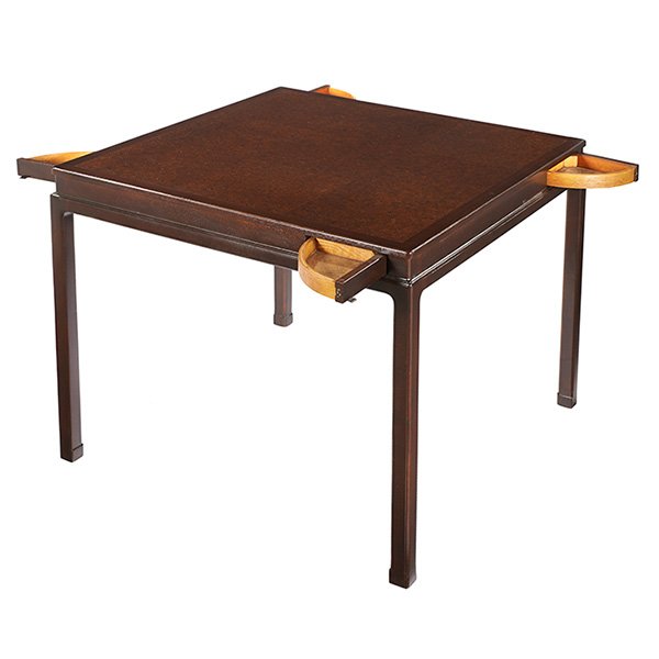 Edward Wormley game table, Dunbar: Edward Wormley game table, by Dunbar, mahogany frame with the original inset cork top, four pivoting drawers, refinished, signed with branded Dunbar mark, 35.5" square x 29.5"h, excellent condition