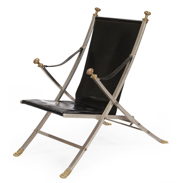 Maison Jansen Campaign folding chair: Maison Jansen Campaign folding chair, France, 1960s, patinated brass and brushed steel frame, original black leather sling backrests, armrests and seat cushion, original finish, 25"w x 35"d x 36"h, ve