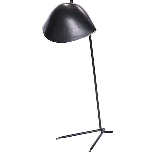 Serge Mouille Trepied table lamp: Serge Mouille "Trepied" table lamp, 1950s, France, (three views shown) black enameled metal with aluminum "mouche" shade, brass fitting, push button to top of shade, original finish, 11"w x 12"d x 23"