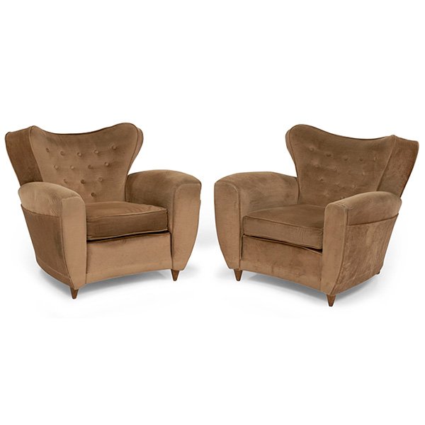 Guglielmo Ulrich lounge chairs: Guglielmo Ulrich lounge chairs, pair, Italy, 1950s, sculptural seats with tufted backrests, tapered wood feet, original cotton velvet upholstery, original finish, 35"w x 35"d x 33"h, good original con