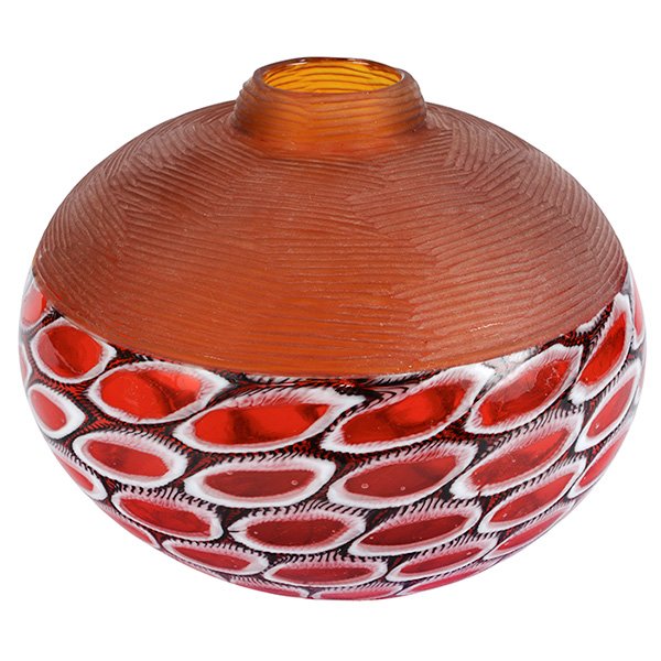Davide Salvadore vase, Campagnol and Salvadore: Davide Salvadore vase, for Campagnol and Salvadore, bottom section of large red and white murrines with a battuto top of red glass, signed "Campagnol Salvadore Murano", 9.5"dia. x 8.5"h, mint conditio