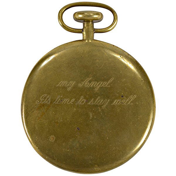 Carl Aubock pocketwatch paperweight: Carl Aubock pocketwatch paperweight, solid brass, inscribed "My Angel It's Time to Stay Well", with eighteen unused 4" x 6" Aubock postcards (not shown), stamped "Aubock Made in Austria", paperweight: