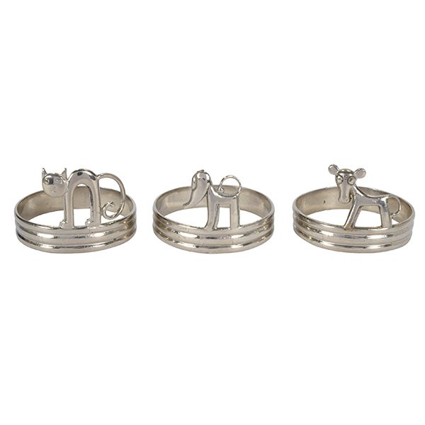 Hagenauer objects: Hagenauer objects, possibly napkin rings, three, cat, dog and other small animal, original finish signed with stamped marks "WHW Austria", 2"dia. x 1.5"h, very good original condition