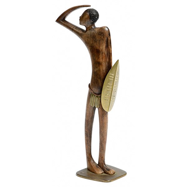 Hagenauer sculpture, warrior with shield: Hagenauer sculpture, Austria, tribal warrior in wood with brass shield and loincloth, brass base, original finish, signed with stamped marks, 5"w x 11"h, very good original condition