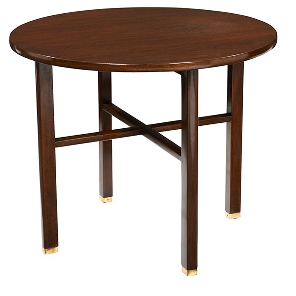 Edward Wormley occasional table, Dunbar: Edward Wormley occasional table, by Dunbar, from the Janus collection, mahogany, round top supported by four legs with brass caps to feet, signed with brass D tag, original finish, 28"dia. x 22"h, exc