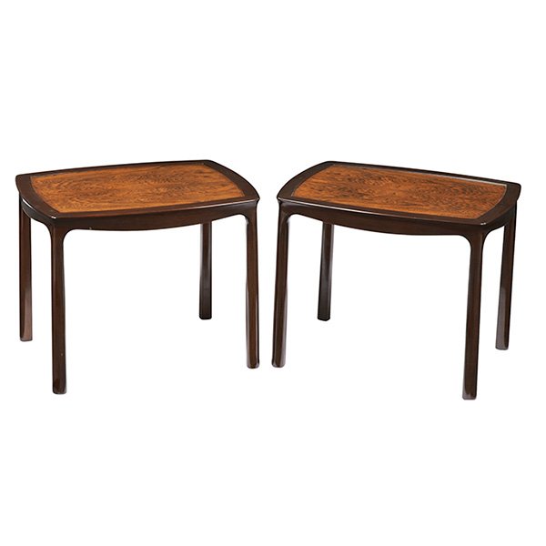 Edward Wormley occasional/end tables, Dunbar: Edward Wormley occasional/end tables, pair, by Dunbar, English oak and rosewood, sculptural teardrop-shaped legs, undulating aprons under top, signed with brass D tag, original finish, 28"w x 22"d x 2