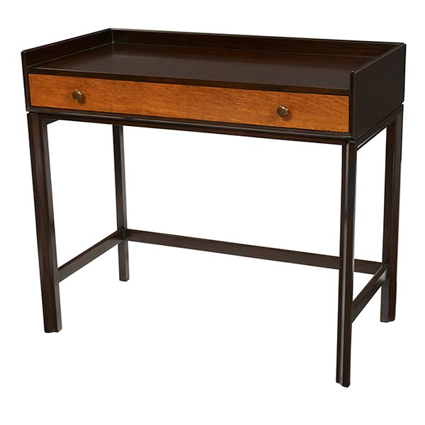 Edward Wormley desk, Dunbar: Edward Wormley desk, by Dunbar, model 6722, English oak, sculptural legs, one drawer, finished on all sides, signed with brass D tag, original finish, 36"w x 18.25"d x 32"h, excellent original conditi