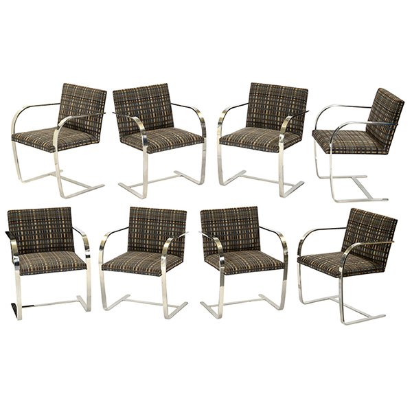 Mies van der Rohe BRNO chairs, Knoll, set of 8: Mies van der Rohe BRNO chairs, eight, by Knoll, 1992, polished stainless steel frames, original tonal plaid upholstery, six signed with Knoll label, 23"w x 20"d x 31.5"h, very good original condition