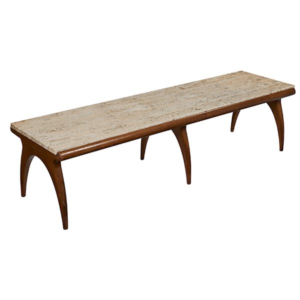Bertha Schaefer coffee table, Singer & Sons: Bertha Schaefer coffee table, by Singer & Sons, USA, walnut base with six sculptural curved supports, original rectangular travertine top, 60"w x 17"d x 15"h, original finish, very good original condi