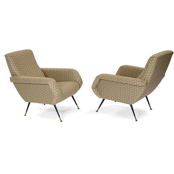Marco Zanuso lounge chairs: Marco Zanuso lounge chairs, pair, attribution, Italy, 1950s, probably by Arflex, sculptural armrests, tapered black metal rod legs with brass ball feet, reupholstered, original finish, unsigned, 27"w