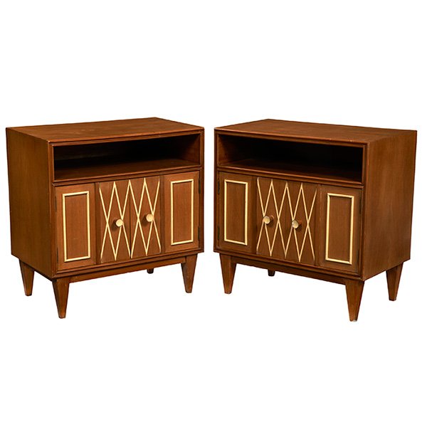 Gio Ponti style night stands: Gio Ponti style night stands, pair, Italy, oak, each with two doors below open storage, doors with lattice work design and original matching knobs, original finish, one signed with Italian shipping la
