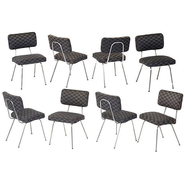 George Nelson dining chairs, Herman Miller: George Nelson dining chairs, eight, by Herman Miller, brushed steel frames with inverted "U" shape to backs, reupholstered, unsigned, 21"w x 20"d x 32"h, seat height 19.5"h, all glides intact, very go